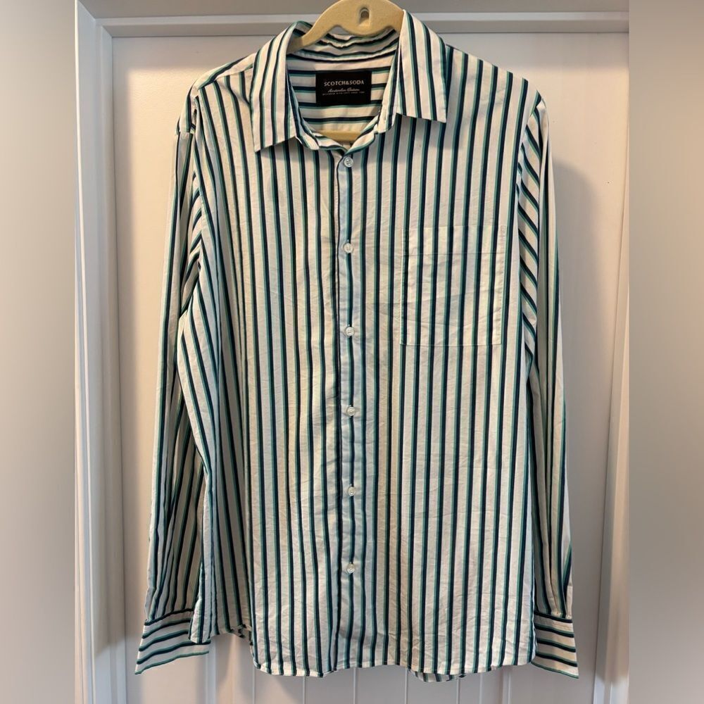 Scotch & Soda Men’s Button Up Shirt Size XL Blue Green Stripes Front Pocket